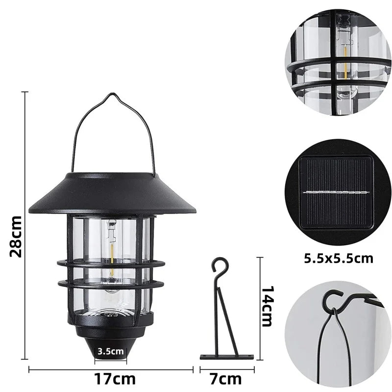 Outdoor Solar Lights Retro Lantern Hanging Wall Lamp Waterproof Vintage Metal Solar Garden Lights Villa Porch Tungsten Bulb