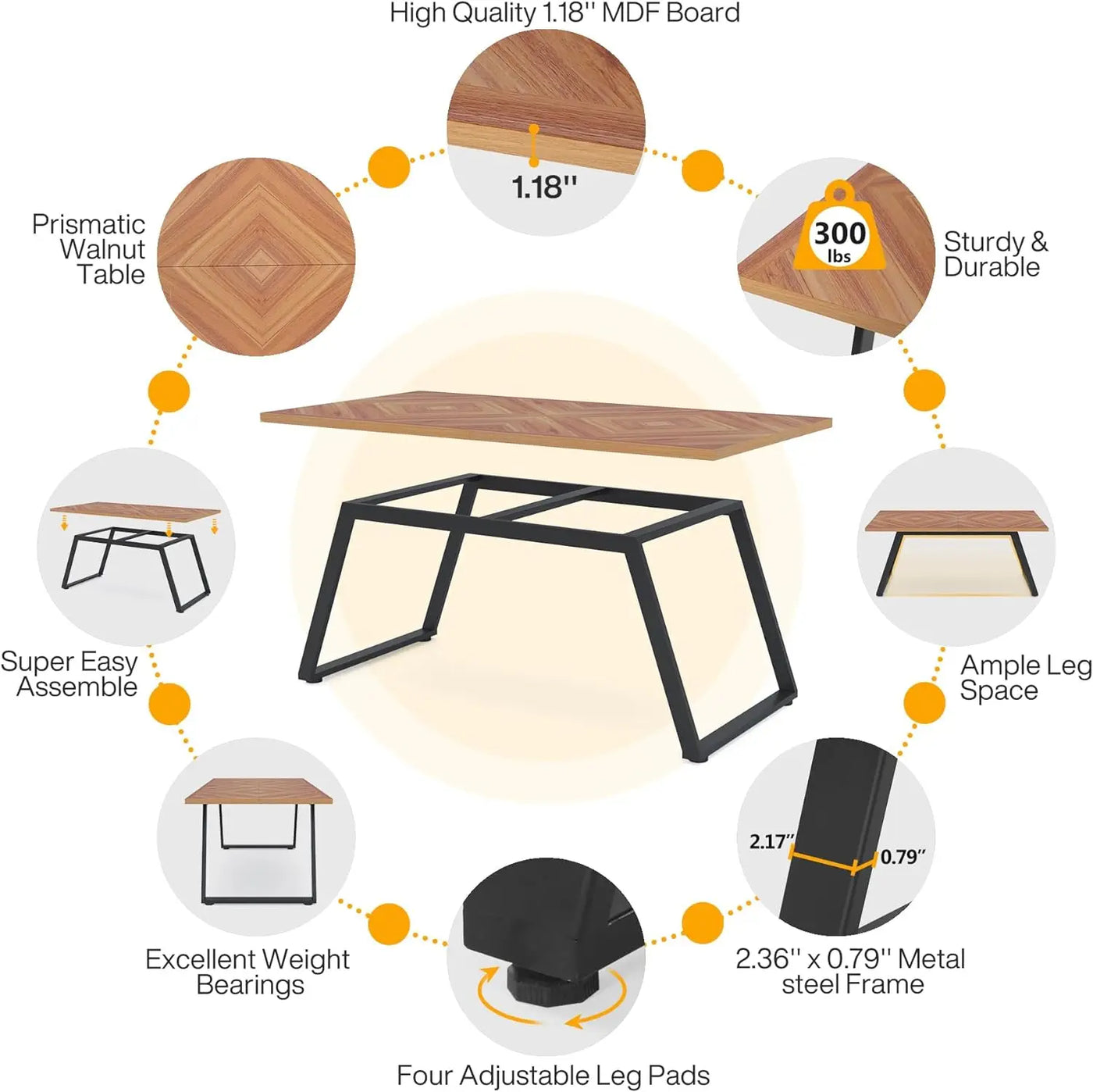 Mesa de comedor Turin para 6 personas industriales de 63" | Mesa de cocina rectangular de madera de nogal con patas de acero y marco de metal
