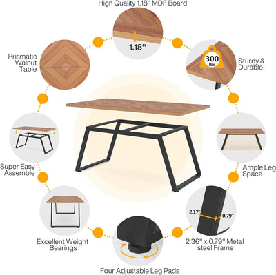 Mesa de comedor Turin para 6 personas industriales de 63" | Mesa de cocina rectangular de madera de nogal con patas de acero y marco de metal