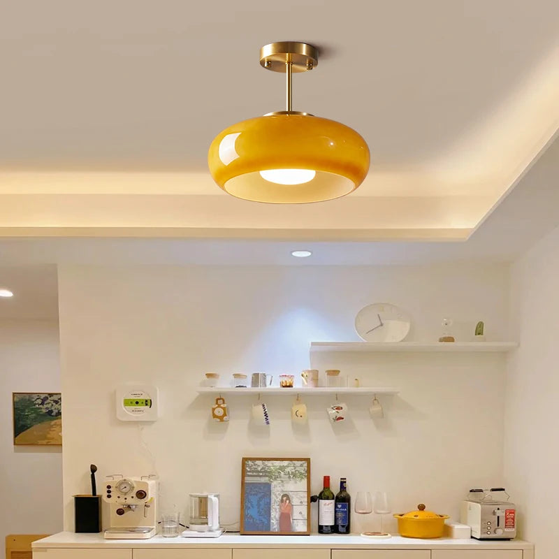 IWHD Nordic Modern LED Ceiling Lamp Home Indoor Lighting Bedroom Living Room Dinning Room Copper Yellow Glass Lampshade Lamparas