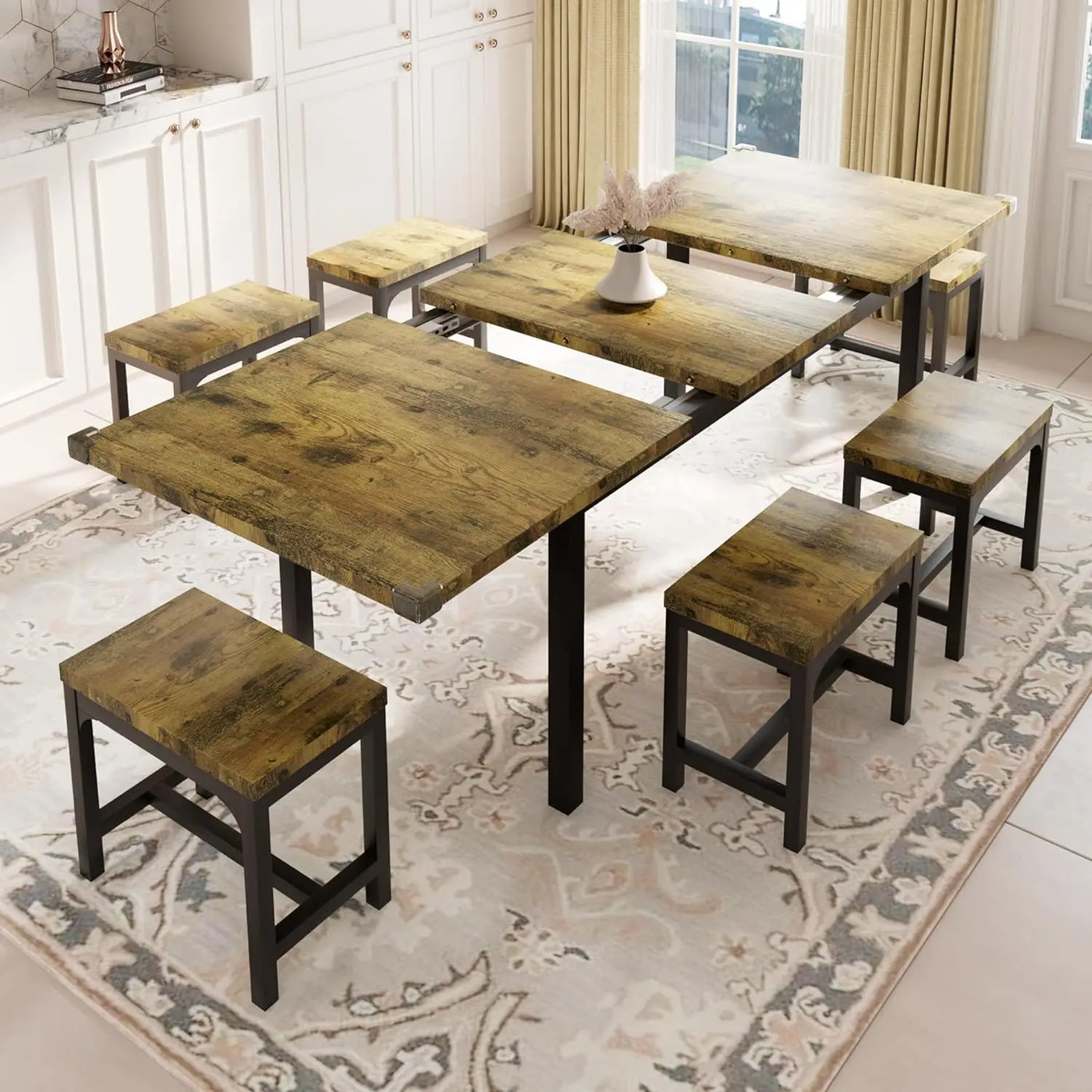 Cabello Juego de mesa de comedor de 7 piezas con 6 taburetes | Juego de mesa de cocina extensible grande de 63" para 4-8 personas, Mid-Century 