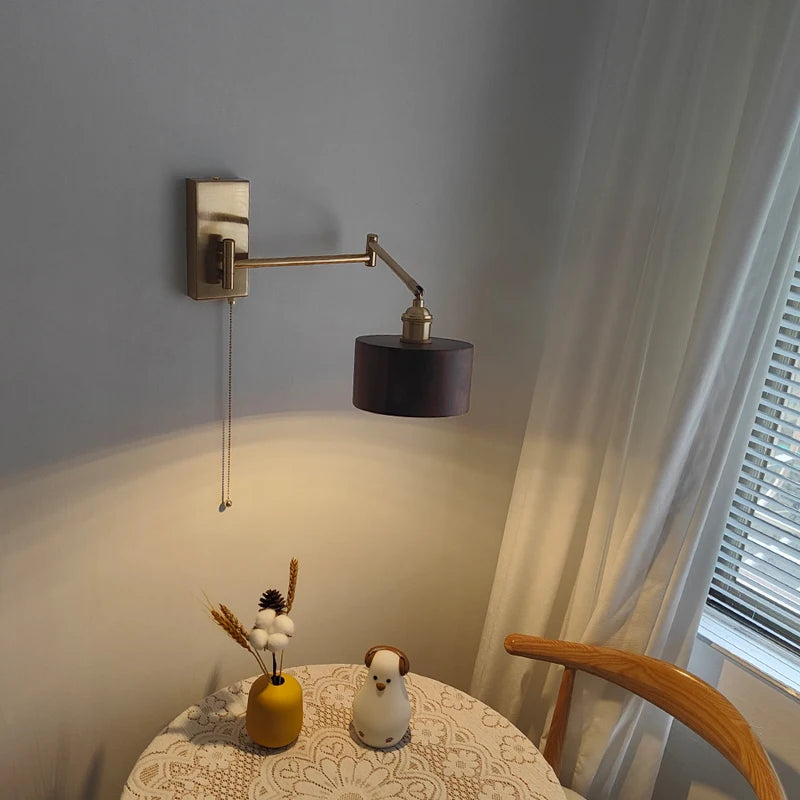 IWHD Pull Chain Switch LED Wall Light Fixtures Sconce Left Right Rotate UP And Down Bedroom Beside Lamp Wooden Modern Wandlamp