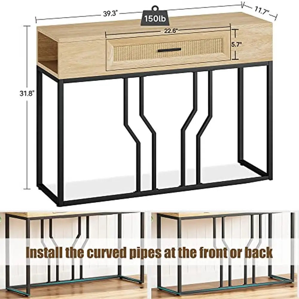 Burwood Entryway Console Table | Rattan Storage Drawer Wood Hallway Boho Hallway Table