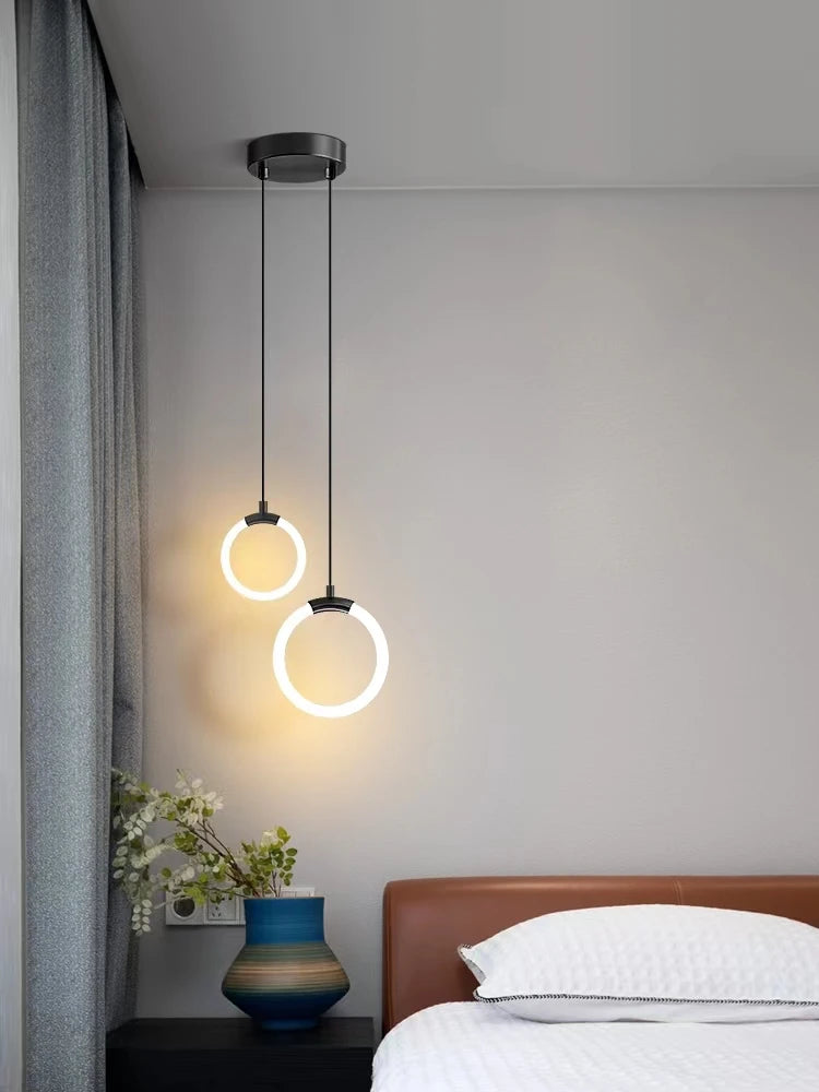 Modern Minimalist LED Pendant Light Chandelier For bedroom bedside  Bar Gold Black Ring Hanging Lamp Decoration Lustre