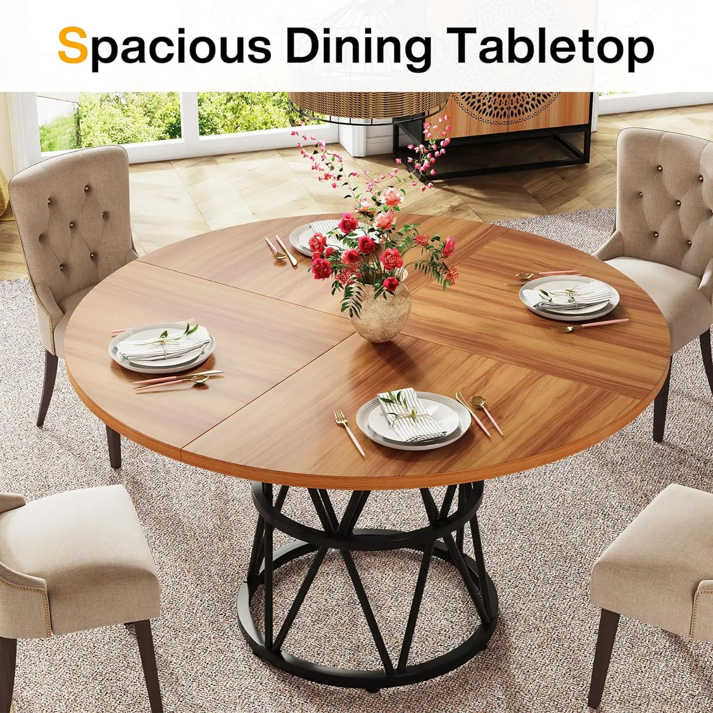 Gianna Round Dining Table 47 Inches | Kitchen Table Circle Wood Dining Room Metal Base