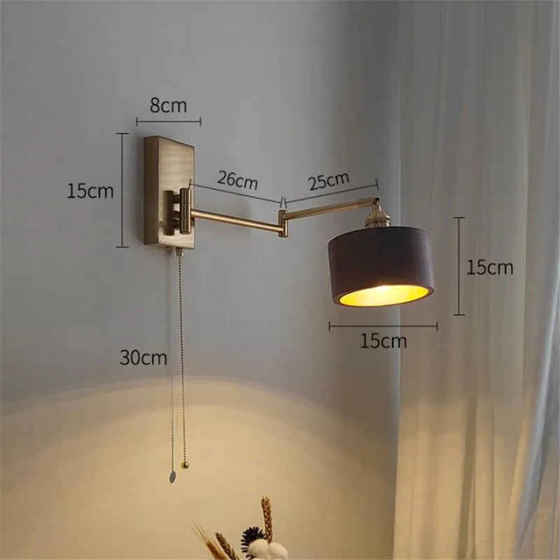 IWHD Pull Chain Switch LED Wall Light Fixtures Sconce Left Right Rotate UP And Down Bedroom Beside Lamp Wooden Modern Wandlamp