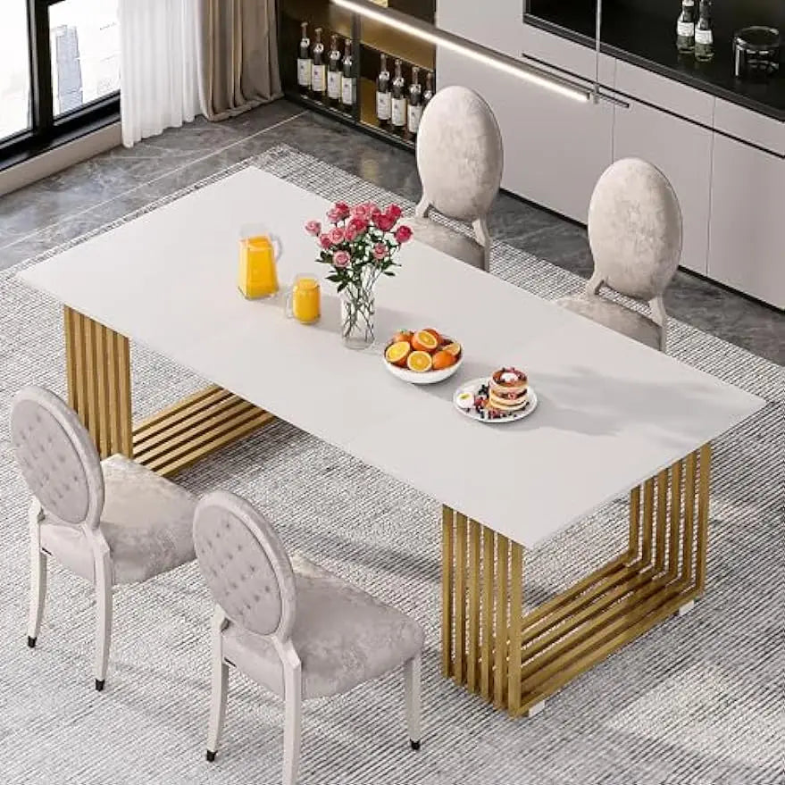 طاولة طعام موناكو 70.8 بوصة حديثة | لـ 6-8، طاولة مطبخ طويلة مستطيلة من الخشب باللون الأبيض والذهبي مع أرجل معدنية ذهبية لغرفة الطعام