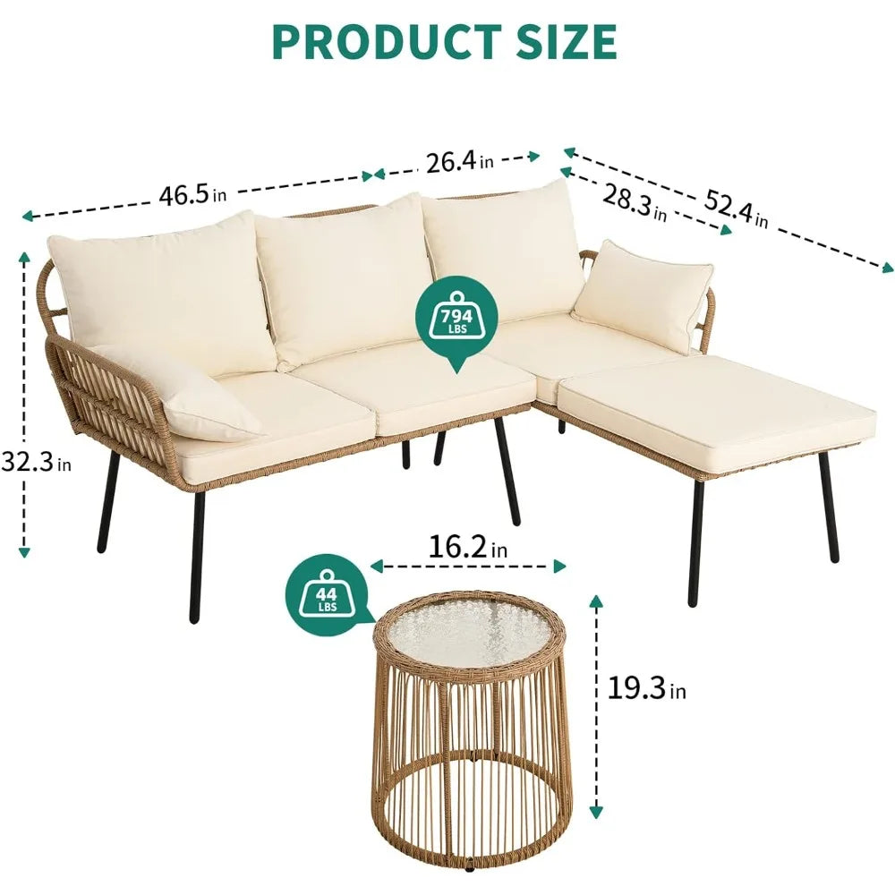 Pareto Outdoor 3 Piece Sofa | L-Shaped Sofa with 4 Seater for Backyard, Cushions and Coffee Table,Outdoor Patio Furniture Set