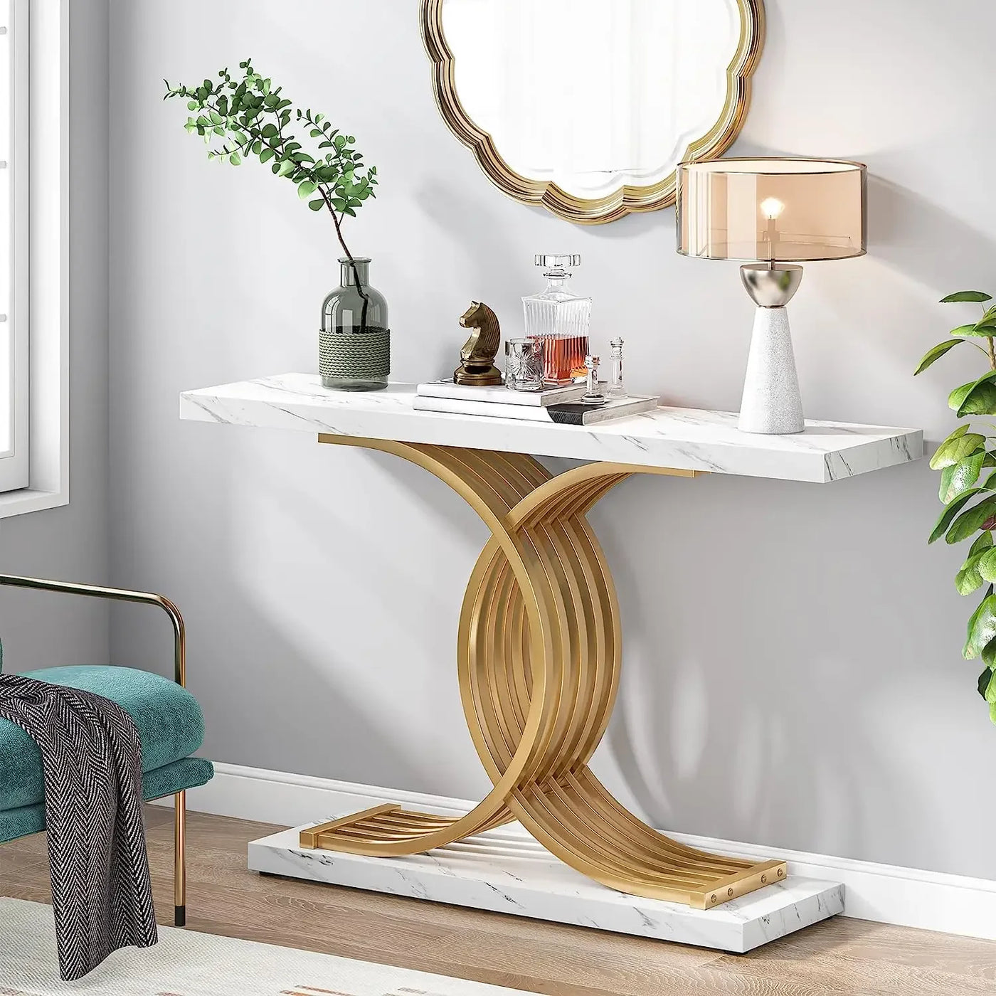 Martino Gold Entryway Table | Modern 39-Inch Console Faux Marble Console Hallway Table