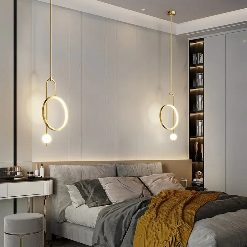 Modern Simple Ring Glass Ball Pendant Lamp Luxury Living Room Study Led Hanging Chandelier Bedroom Bedhead Decorative Lighting