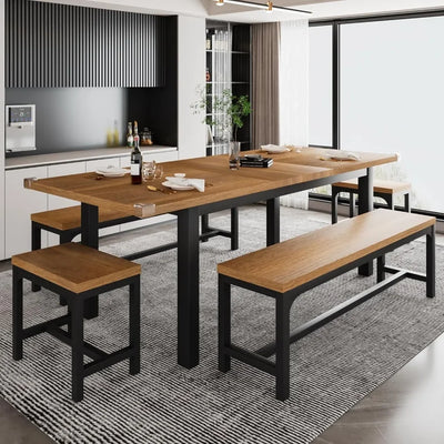 Tassere 5-Piece Dining Table Set for 4-8 People | Extendable Kitchen Table Set with 2 Benches and 2 Square Stools, Mid Century Dining