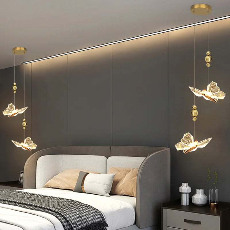 Butterflies LED Pendant Lights Nordic Indoor Lighting For Home Kitchen Living Room Bedroom Sofa Decoration Crystal Hanging Lamp