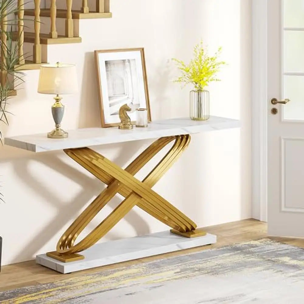 Rainier Gold Metal Console Table | Faux Marble Entryway Sofa Table White