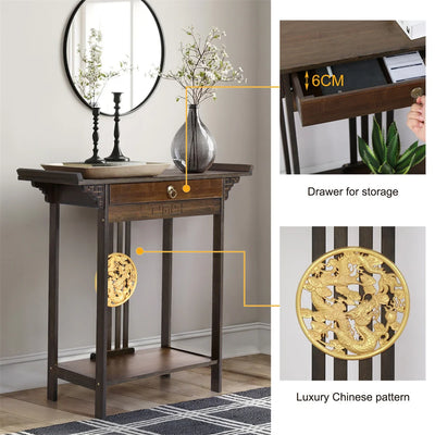 Poreta Chinese Style Classical Console Table | Narrow Wooden Hallway Entryway Table Sofa Behind Table with Drawer