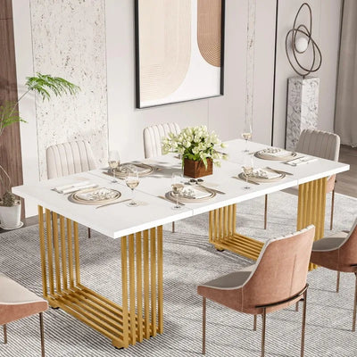 طاولة طعام براتو لـ 6-8 أشخاص | طاولة غرفة طعام صناعية بطول 70.8 بوصة للمطبخ، طاولة مطبخ خشبية مع معدن أسود 