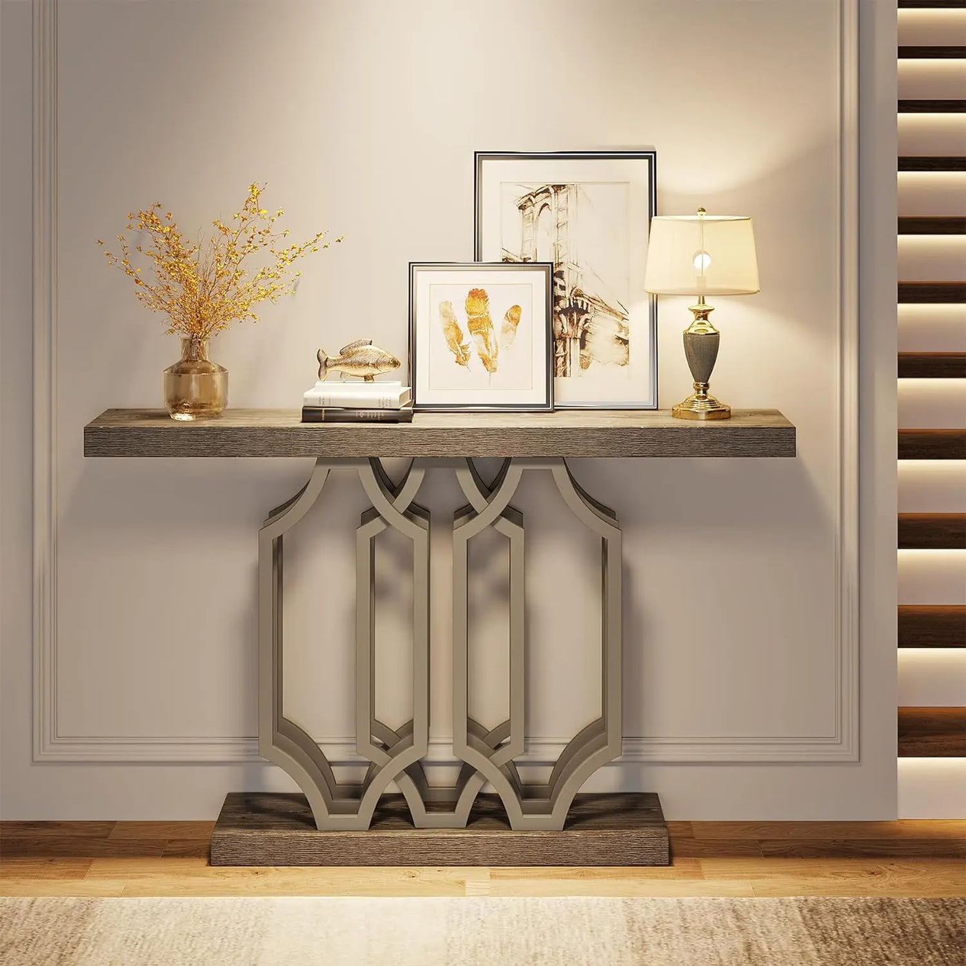 Hills Console Table | Farmhouse Wooden Entryway Hallway Table with Geometric Metal Legs,