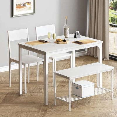 Lest 4 Person Dining Table Set | White Wood 43.3 Inch Kitchen Table Set for 4,2 Chairs with Backrest Bench with Storage, White Rack