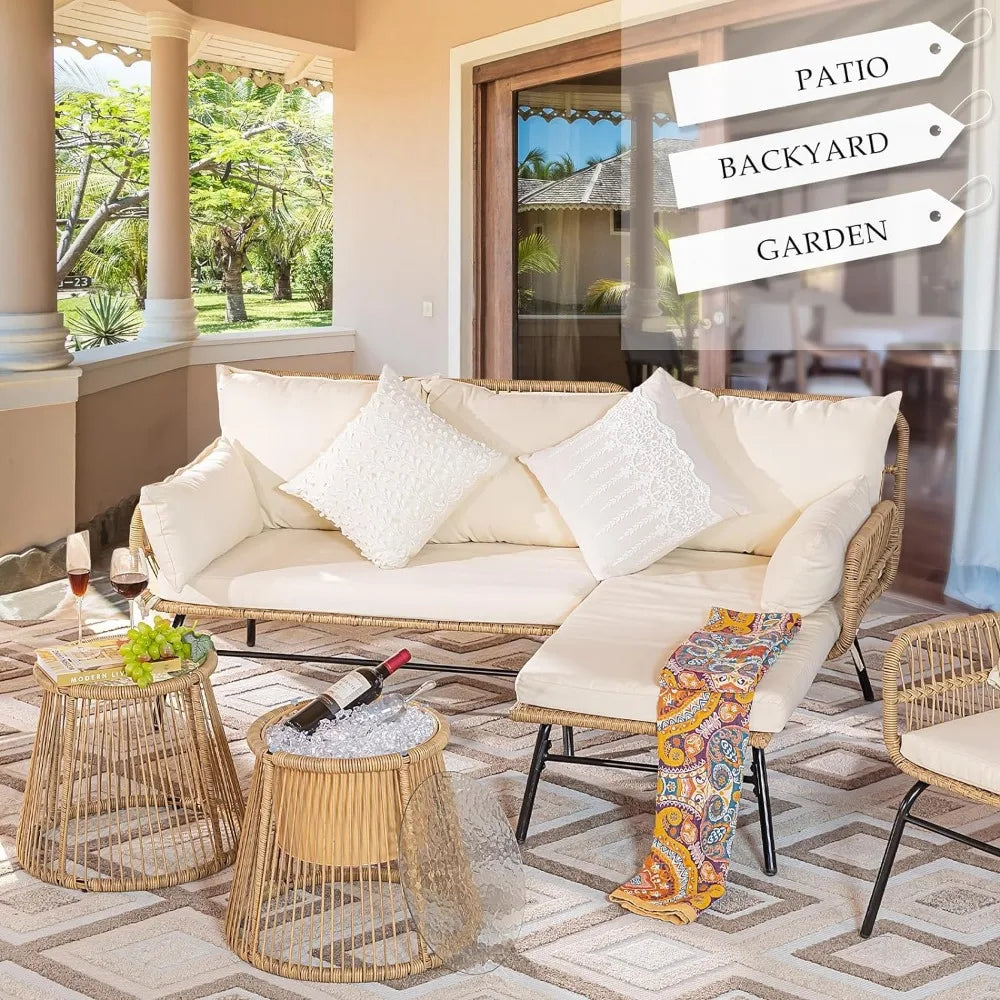 Tanella Outdoor Furniture Set 4 Piece | with Egg Chair and Ice Bucket, Small L Shape Wicker Conversation Sectional Sofa Set