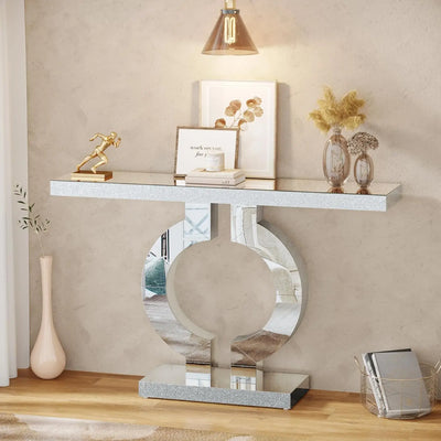 Prato Mirrored Console Table | with Silver O-Shaped Base, 43-Inch Modern Entryway Glass Sofa Table