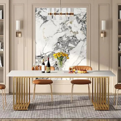Mesa de comedor moderna Monaco de 70,8 pulgadas | Mesa de cocina larga rectangular de madera, color oro blanco, para 6-8 personas, con patas de metal dorado para comedor
