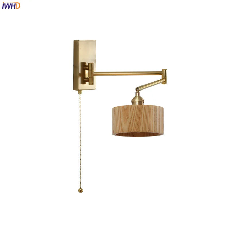 IWHD Pull Chain Switch LED Wall Light Fixtures Sconce Left Right Rotate UP And Down Bedroom Beside Lamp Wooden Modern Wandlamp