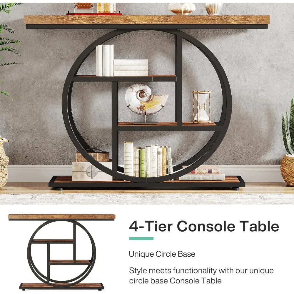 Rustic Console Table | Industrial 4-Tier Brown Wooden Entryway Table with Circle Base