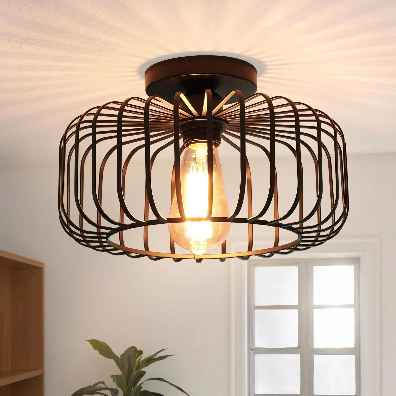 Semi Flush Mount Ceiling Light E27 Retro Black Industrial Ceiling Lamp Fixtures for Porch Hallway Living Room Farmhouse Light