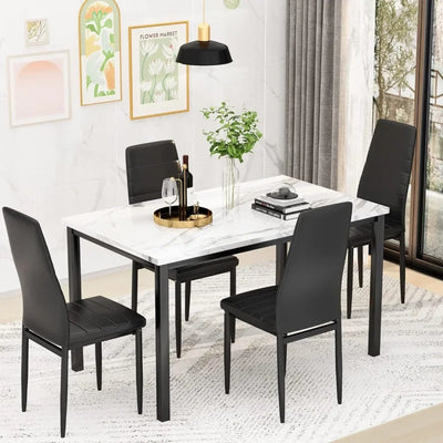 Juego de mesa de cocina Ella | Con mesa con diseño de mármol sintético y 4 sillas tapizadas de cuero PU, blanco y negro 