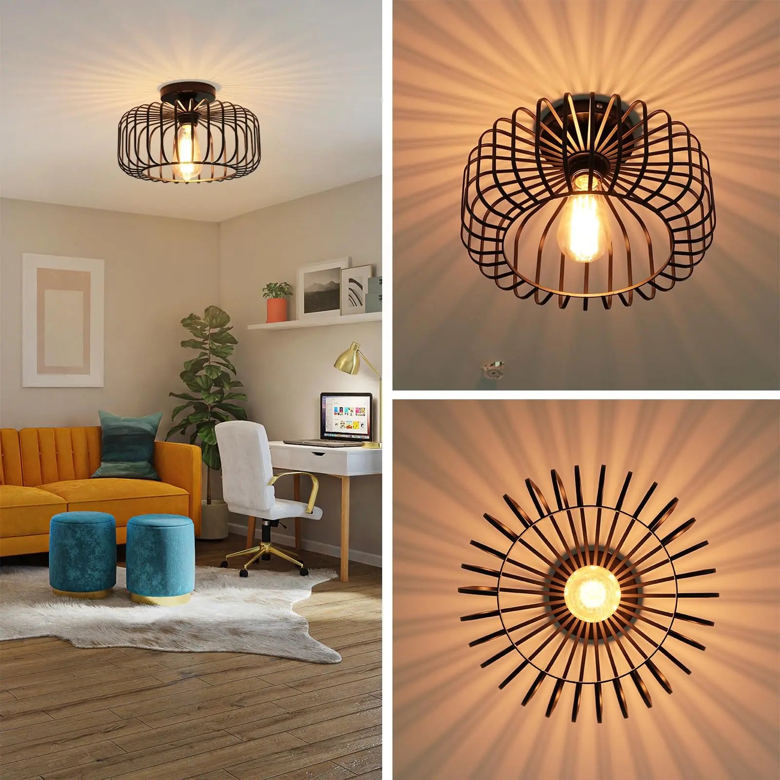 Semi Flush Mount Ceiling Light E27 Retro Black Industrial Ceiling Lamp Fixtures for Porch Hallway Living Room Farmhouse Light