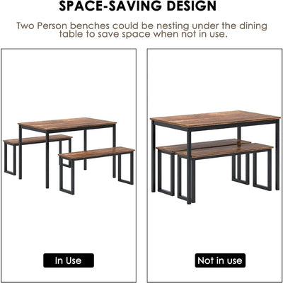 Lucia 3 Piece Kitchen Table Set | 45" Table & 2 Benches for 4 People, Space-Saving Table Set for Dining Room, Living Room