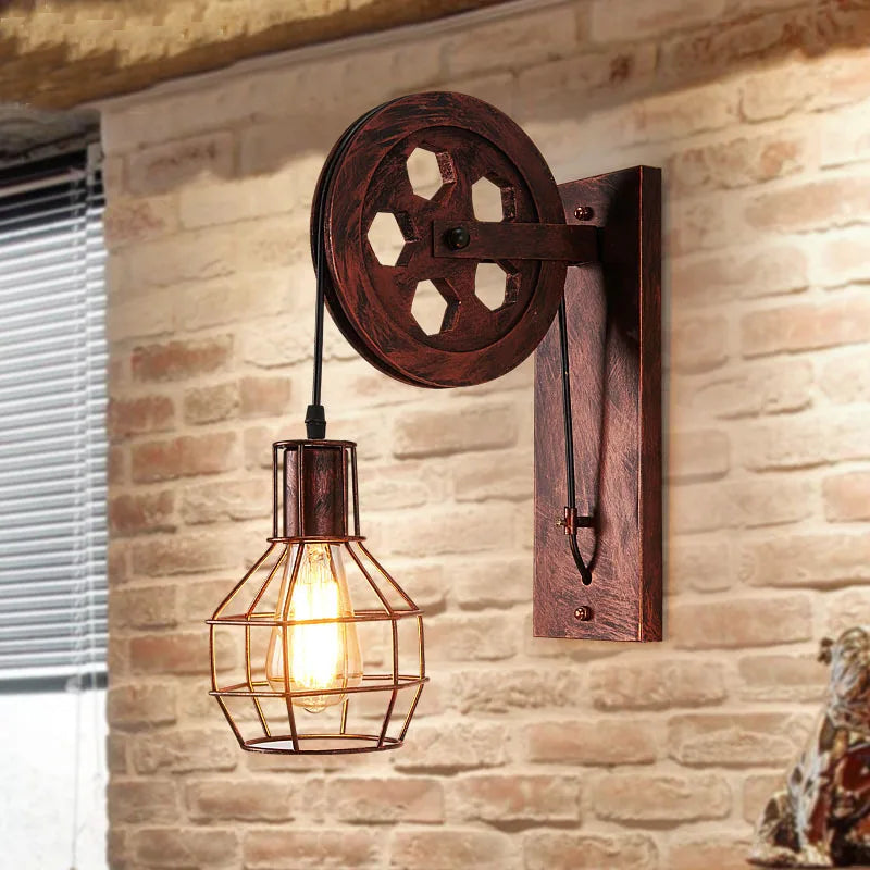 Retro Wrought Iron Pulley Wall Lamps for Home Bedroom Light Living Room Decoration Lighting Fixture Bedroom Wall Sconce Lamp E27