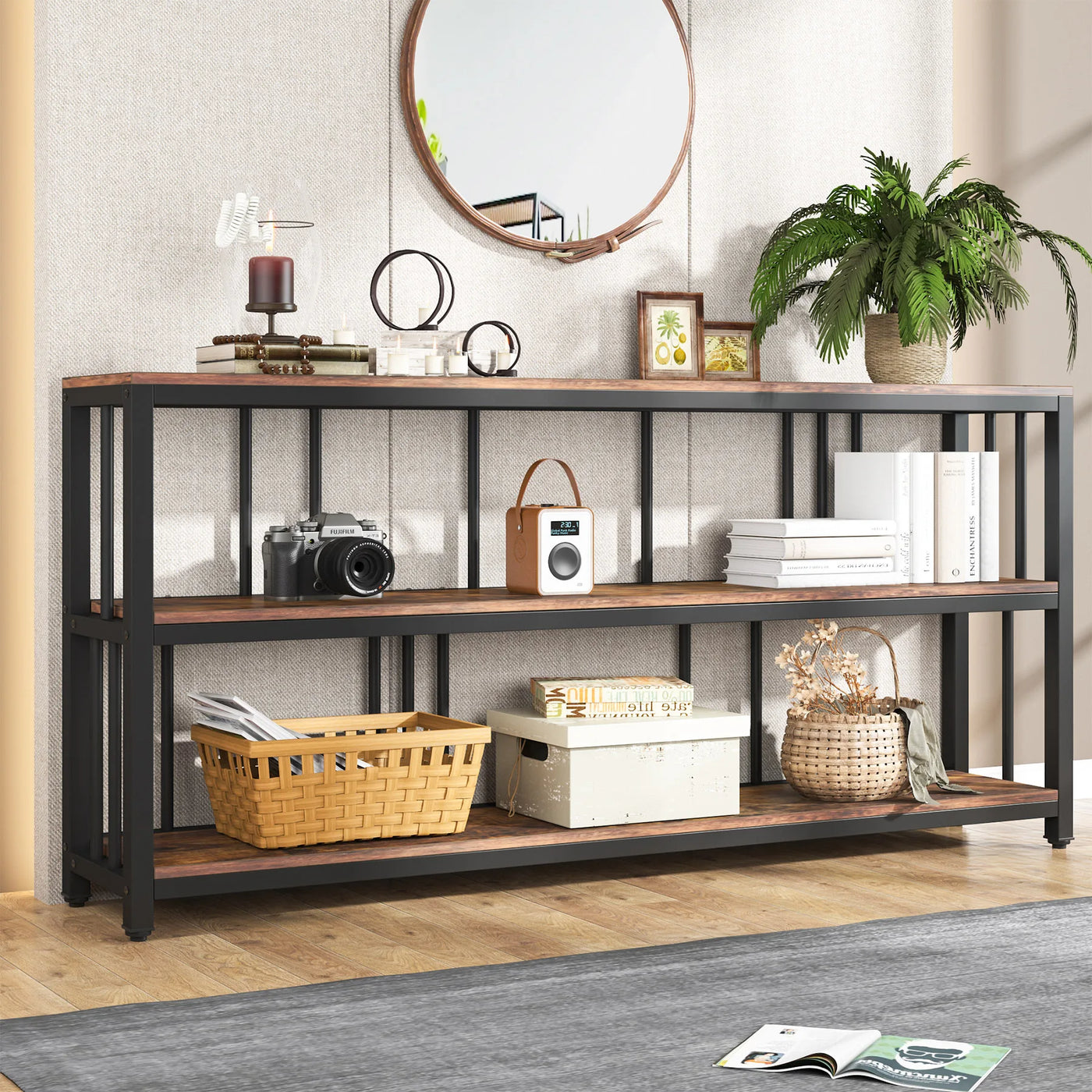 Bronte Long Console Sofa Table | 3 Tier, Industrial Large Storage Rustic  Accent Table for Entryway