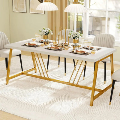 Laboral 70.3 Inch Large Modern Dining Table for 6-8 People | Rectangular Kitchen Table With Faux Marble Top and Gold Geometric Metal Legs