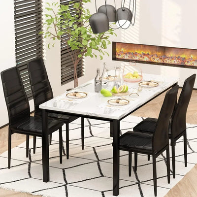Juego de mesa de cocina Ella | Con mesa con diseño de mármol sintético y 4 sillas tapizadas de cuero PU, blanco y negro 
