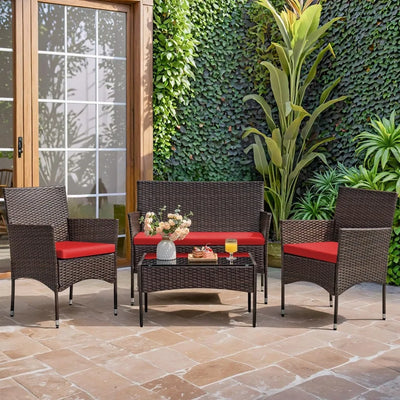 Alina 4 Piece Patio Sofa Set | Rattan Chair Wicker, Outdoor Backyard Porch Poolside Garden