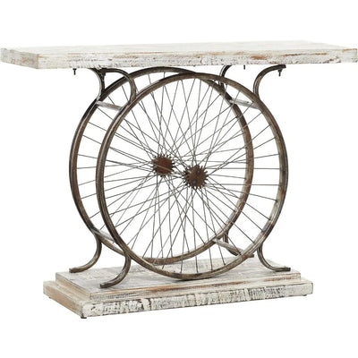 Charles Wood Console Table | with Dual Wheel Frame and Tiered Base White Top