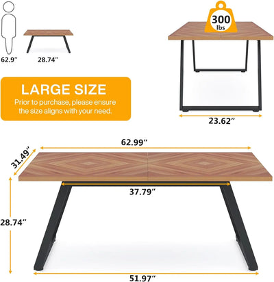 Turin Dining Room Table for 6 Industrial 63" | Walnut Rectangle Wooden Kitchen Table with Steel Legs Metal Frame