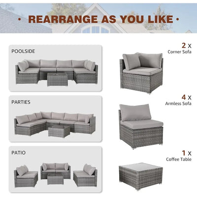 Della Outdoor 7 Piece Sofa Set | Rattan Sectional Sofa,Washable Cushions & Glass Coffee Table,Outdoor Furniture Set