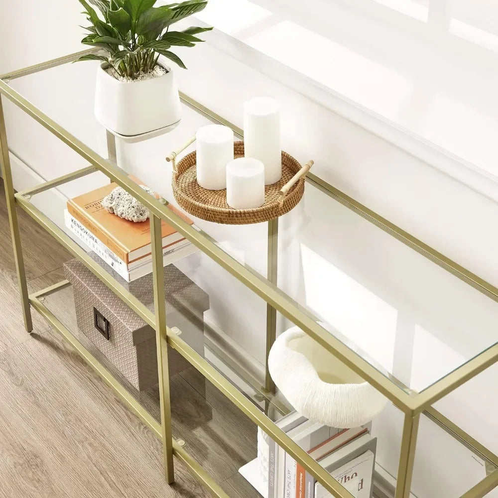 Mariah Console Table | with 3 Shelves, Sofa Table, Entryway Table, Metal Frame, Tempered Glass Shelf