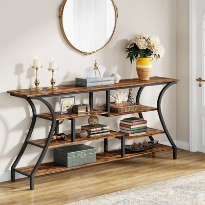 Gardena Extra Long Console Table | Industrial Narrow Sofa Table with Storage Shelves, 4 Tier Entryway Table Behind Couch