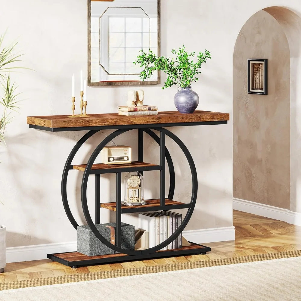 Rustic Console Table | Industrial 4-Tier Brown Wooden Entryway Table with Circle Base