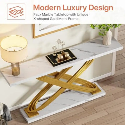 Rainier Gold Metal Console Table | Faux Marble Entryway Sofa Table White