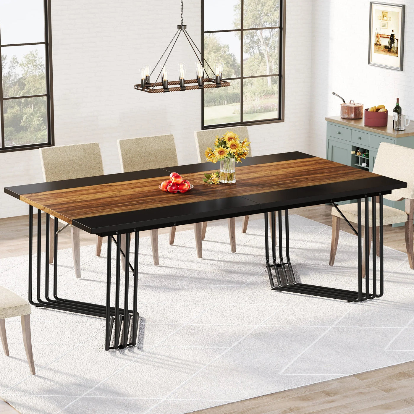 Mesa de comedor industrial Raya | Mesa de cocina grande de madera marrón y negra para 6-8 personas
