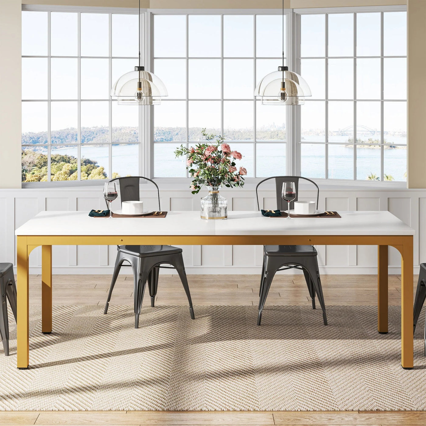 Mesa de comedor rectangular Charlotte | Mesa de cocina de madera de 78 pulgadas de largo para 6-8 personas