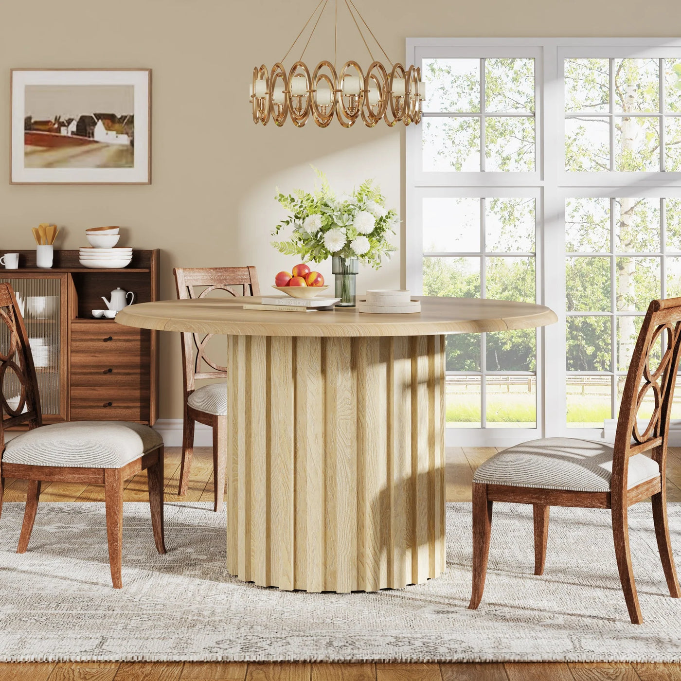 Trebon Round Dining Table | Wooden Oak Farmhouse Kitchen Table with Metal Base for 4