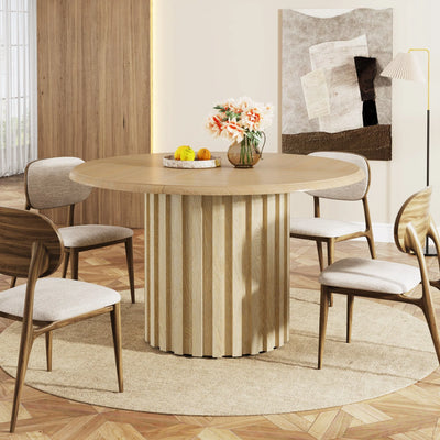Mesa de comedor redonda Trebon | Mesa de cocina de estilo rústico de madera de roble con base de metal para 4 personas