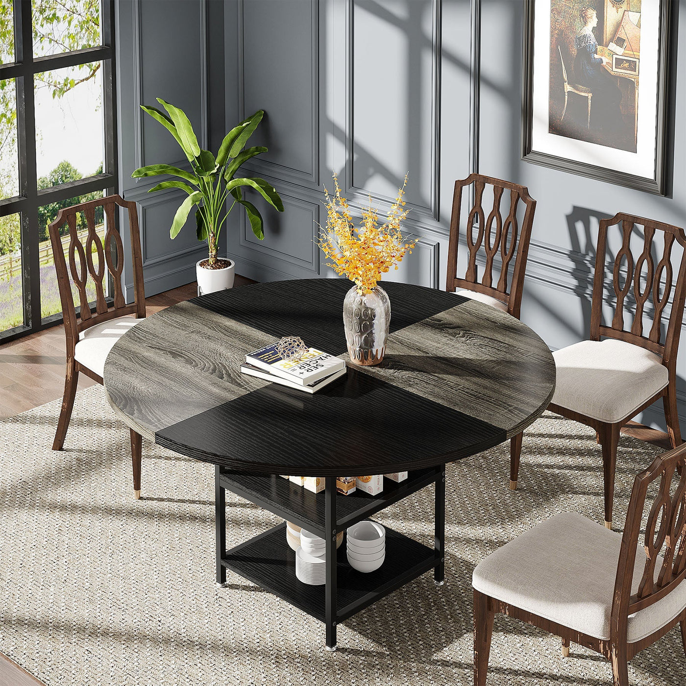 Garde Round Wooden Dining Table | 47" Kitchen Dinner Table with Storage Shelf Brown Black