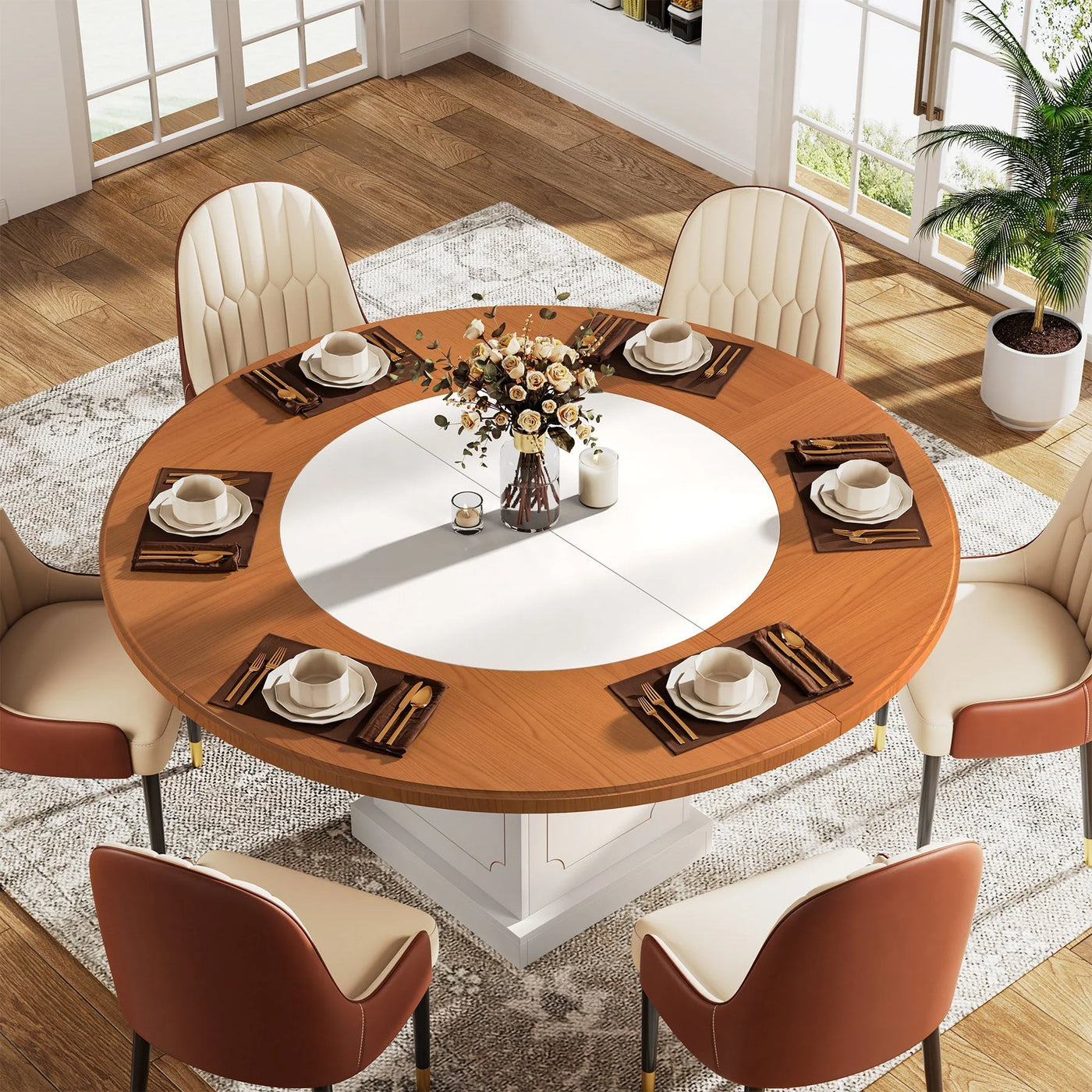 طاولة طعام مستديرة من فينتر، طاولة مطبخ دائرية خشبية مقاس 47 بوصة تتسع لـ 4-6 أشخاص