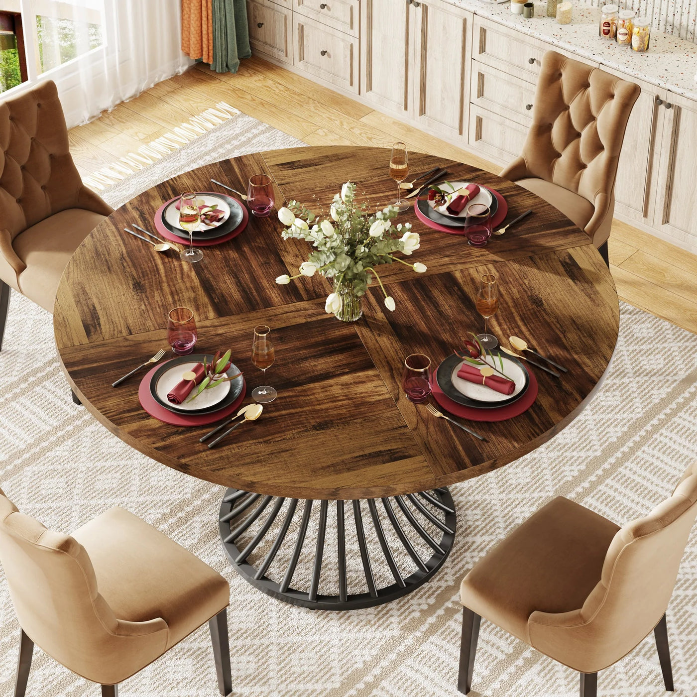 Hartet Round Wooden Dining Table for 4-6 People | Farmhouse Circle Kitchen Table