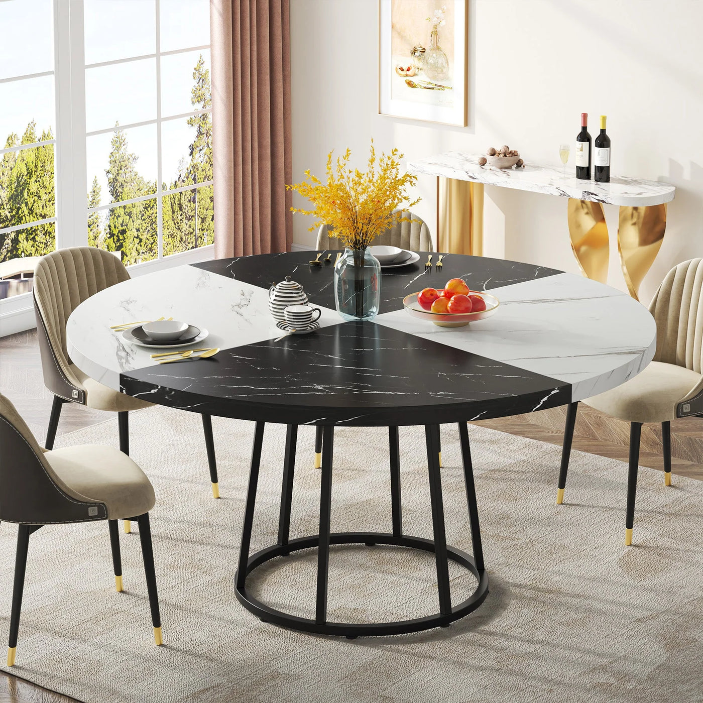 Casper Round Dining Table for 4 People, 47" Kitchen Table with Circle Metal Base